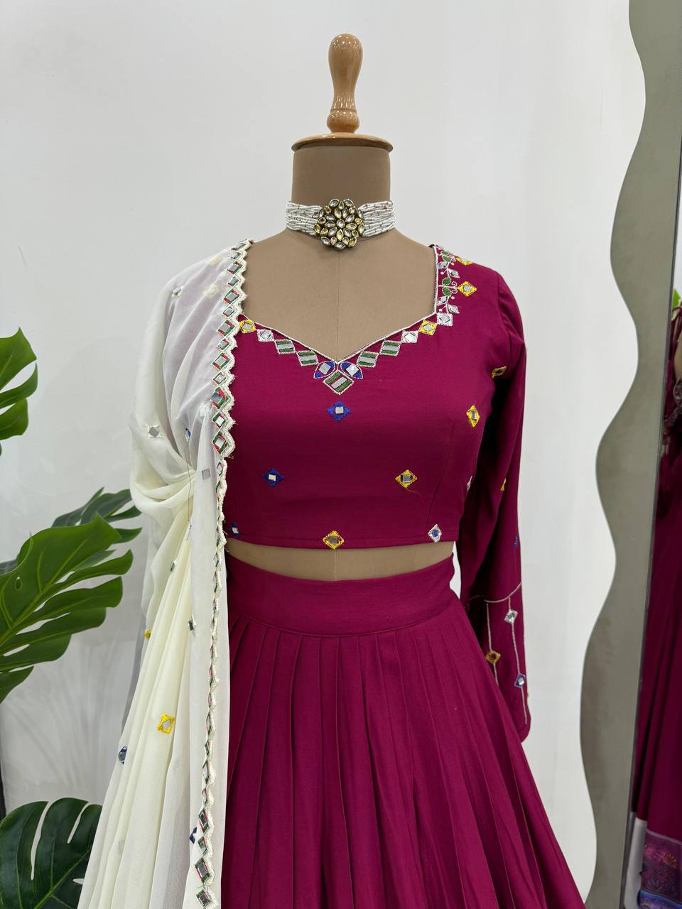 Prazu Fashion Wine Rayon Printed With Mirror Work Navaratri Lehenga | Grocsy