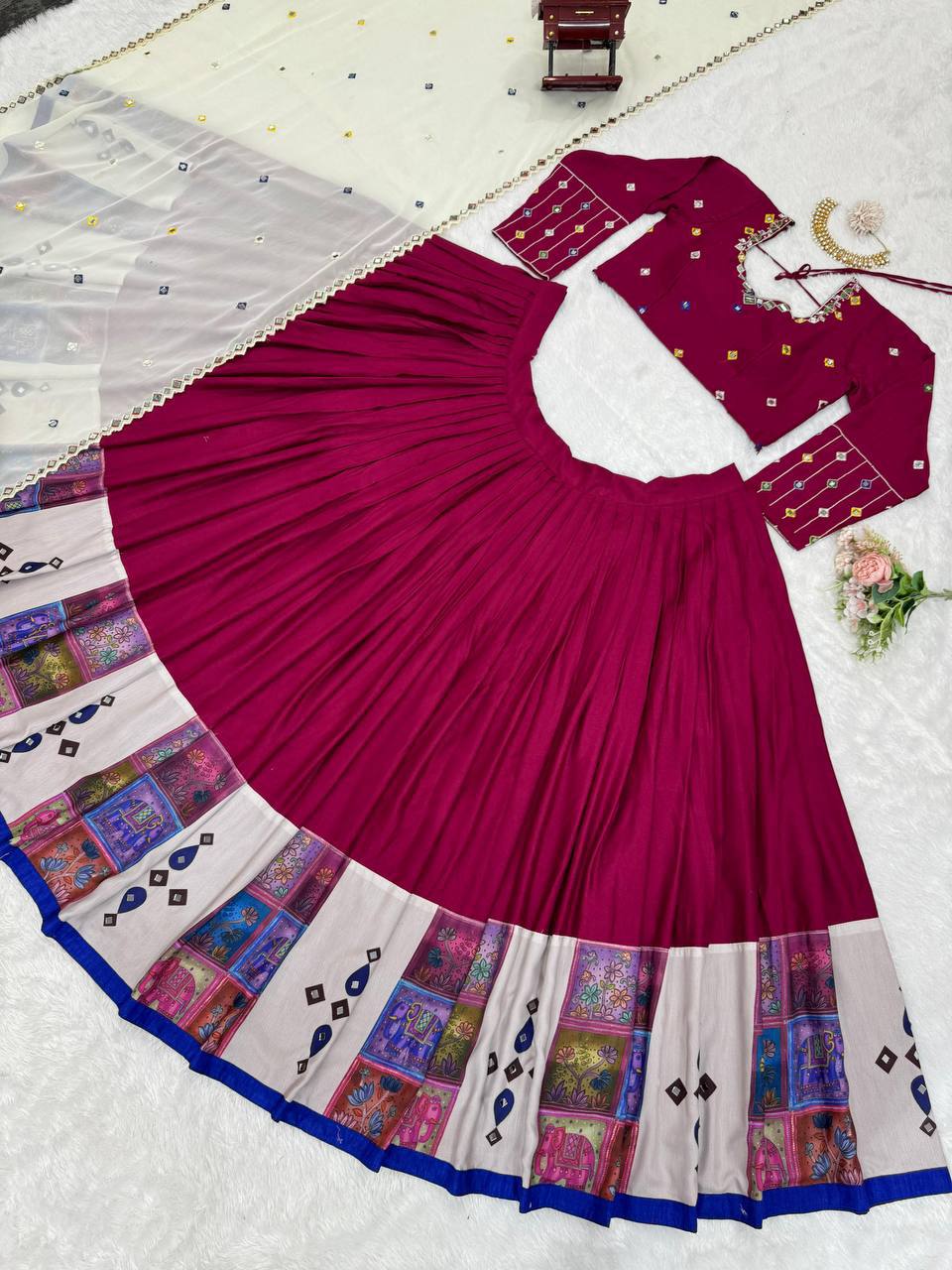 Prazu Fashion Wine Rayon Printed With Mirror Work Navaratri Lehenga | Grocsy