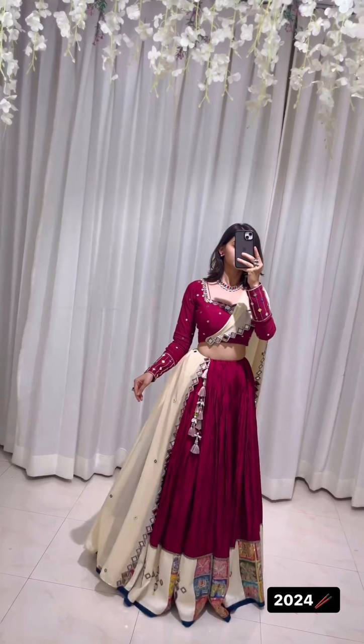 Prazu Fashion Wine Rayon Printed With Mirror Work Navaratri Lehenga | Grocsy