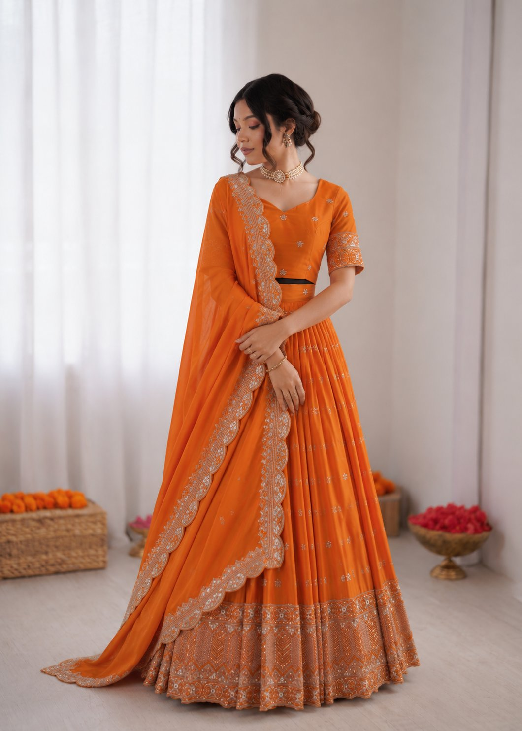 Prazu Fashion Orange Satin Silk Thread With Sequence Designer Lehenga | Grocsy