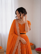 Prazu Fashion Orange Satin Silk Thread With Sequence Designer Lehenga | Grocsy