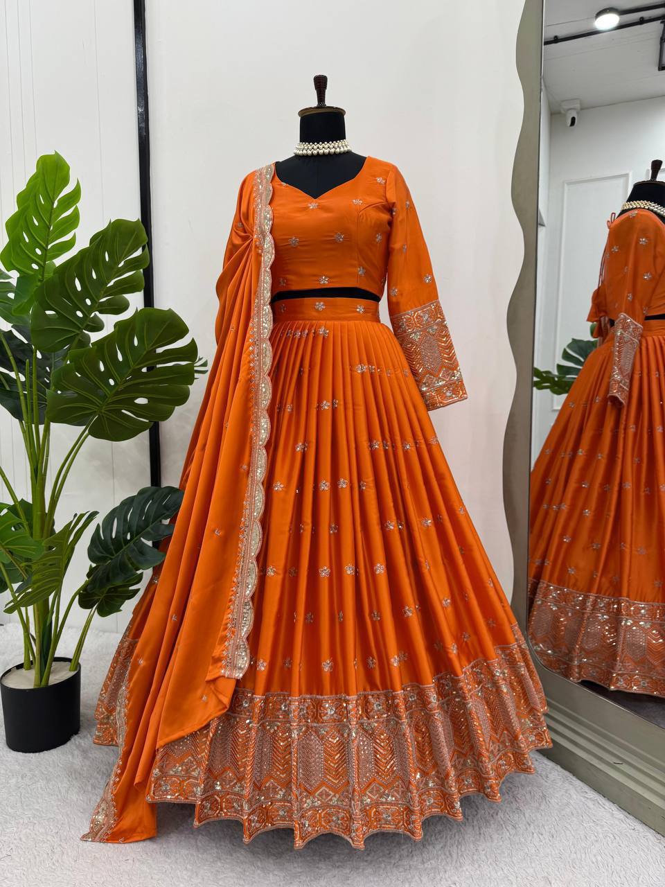 Prazu Fashion Orange Satin Silk Thread With Sequence Designer Lehenga | Grocsy