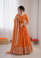Prazu Fashion Orange Satin Silk Thread With Sequence Designer Lehenga | Grocsy