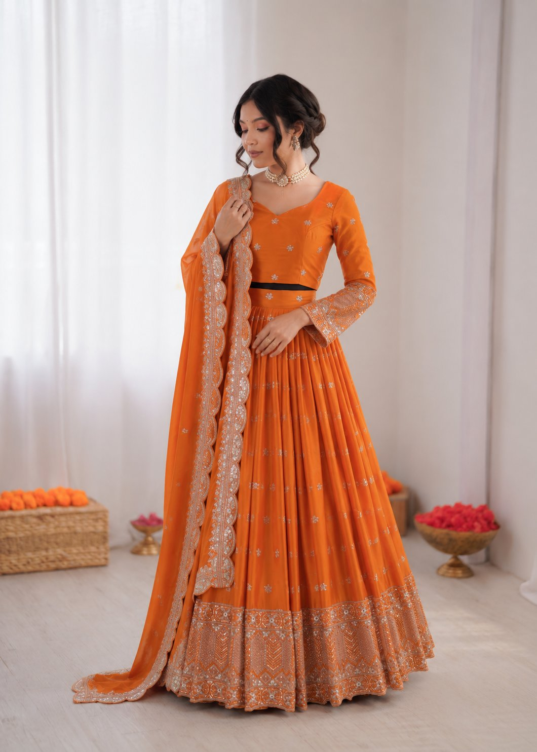 Prazu Fashion Orange Satin Silk Thread With Sequence Designer Lehenga | Grocsy