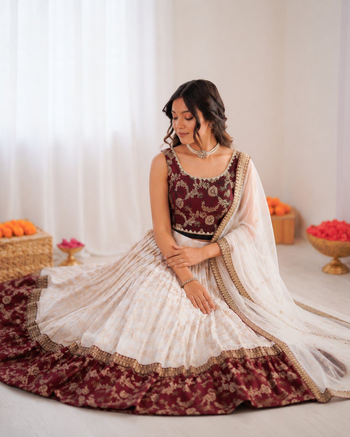 Prazu Fashion Off White Jacquard Coding With Sequence Designer Lehenga | Grocsy