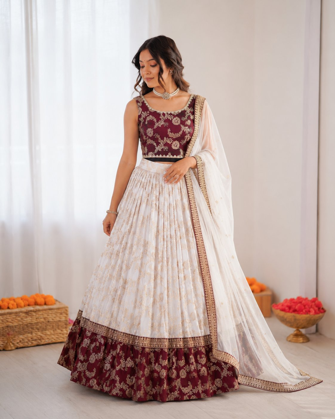 Prazu Fashion Off White Jacquard Coding With Sequence Designer Lehenga | Grocsy