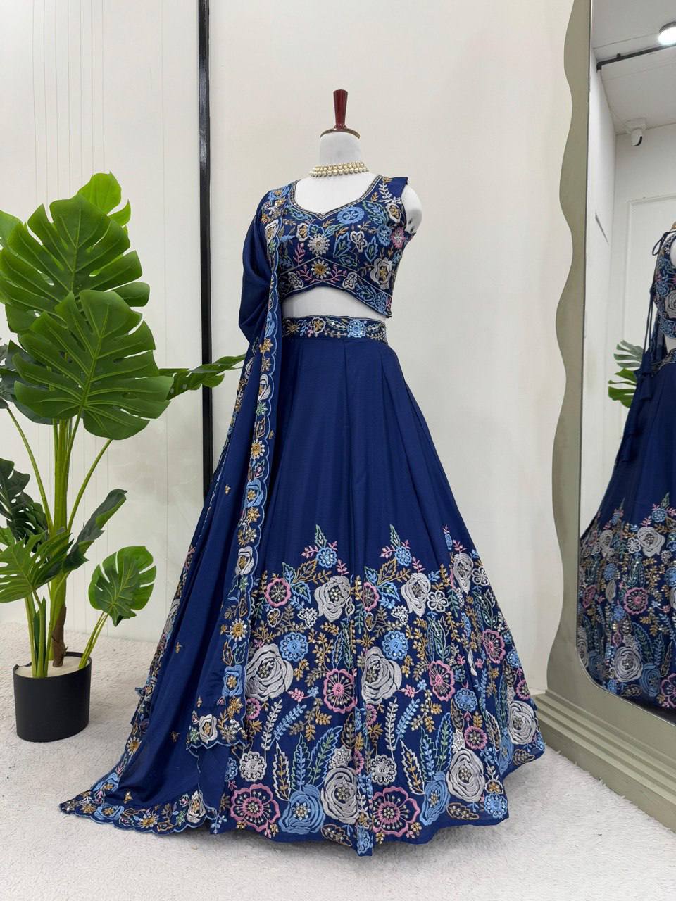 Prazu Fashion Blue Chinon Silk Thread Sequence Wedding Lehenga Choli | Grocsy