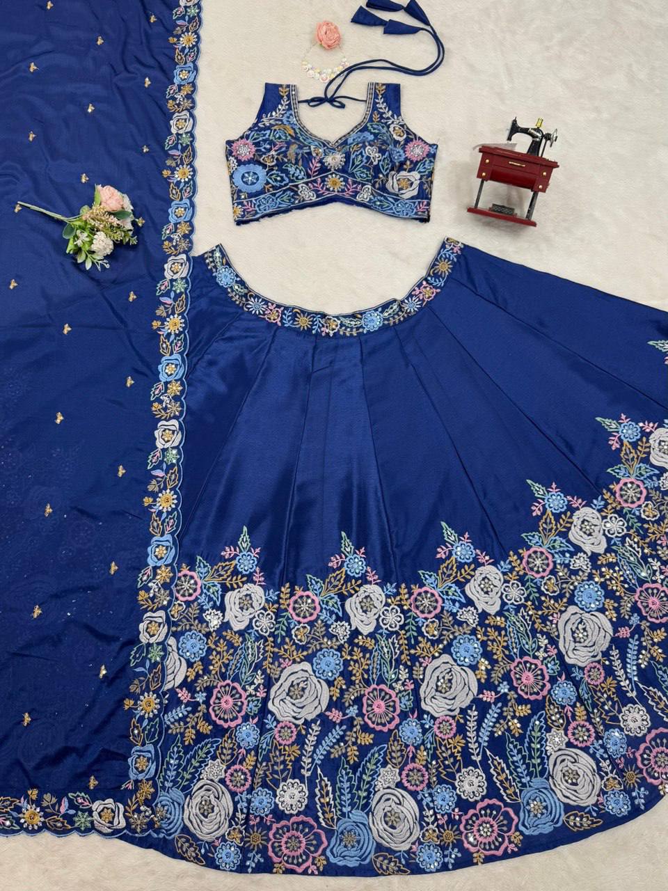 Prazu Fashion Blue Chinon Silk Thread Sequence Wedding Lehenga Choli | Grocsy