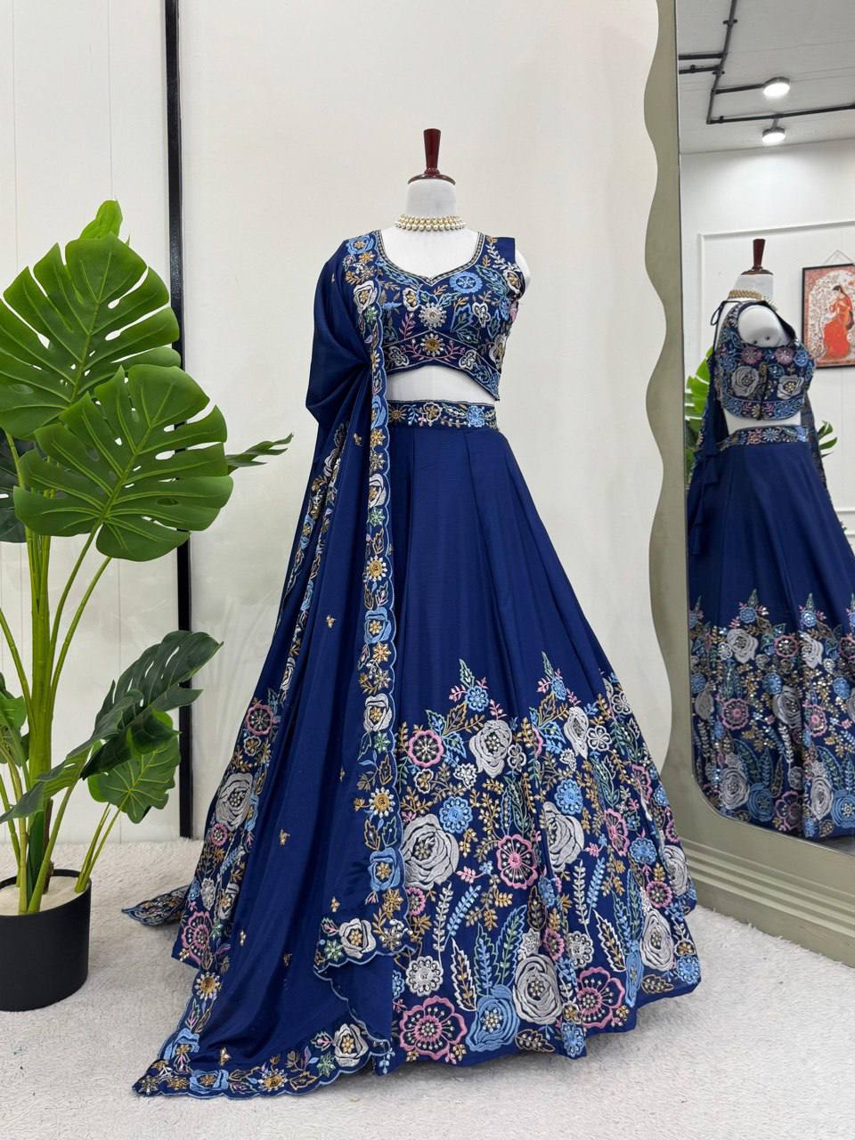 Prazu Fashion Blue Chinon Silk Thread Sequence Wedding Lehenga Choli | Grocsy