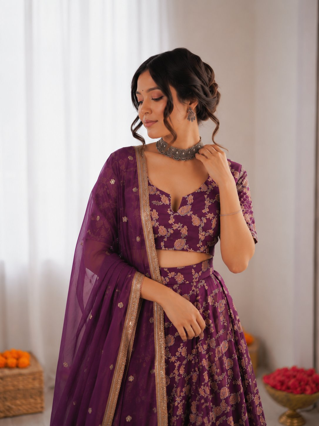 Prazu Fashion Purple Jacquard Thread With Sequence Designer Lehenga | Grocsy