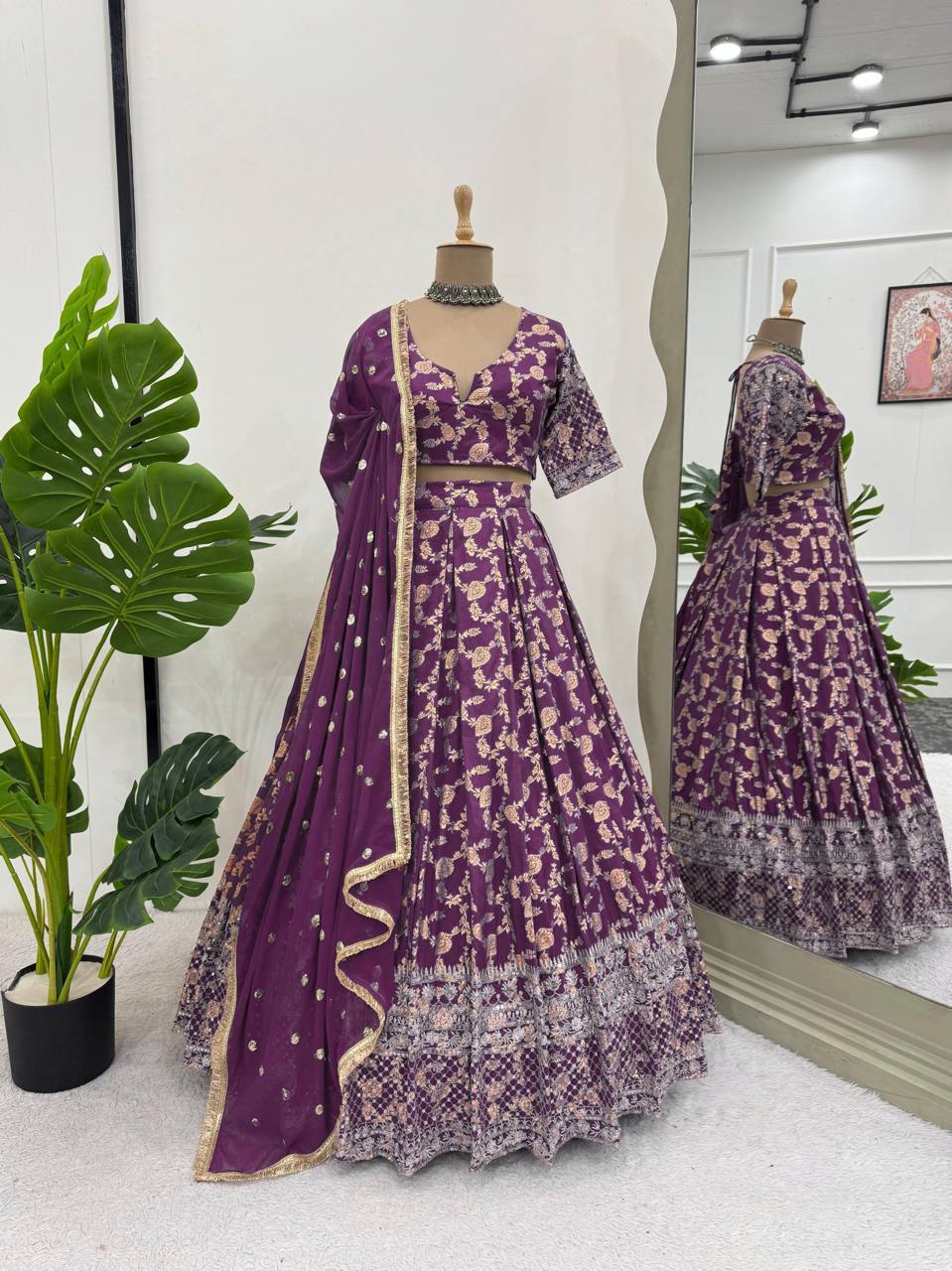 Prazu Fashion Purple Jacquard Thread With Sequence Designer Lehenga | Grocsy