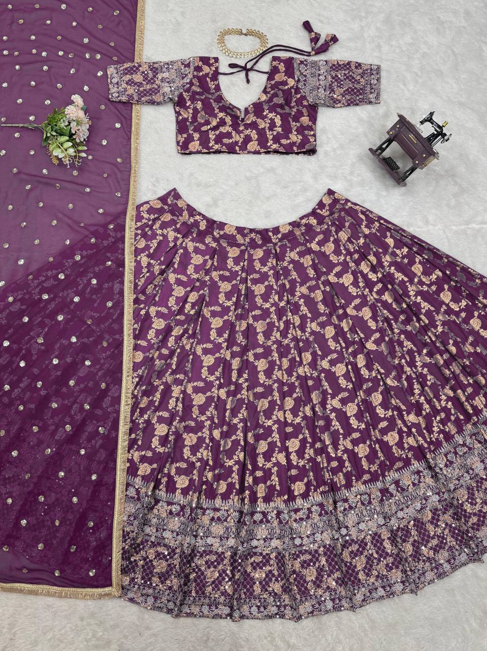 Prazu Fashion Purple Jacquard Thread With Sequence Designer Lehenga | Grocsy