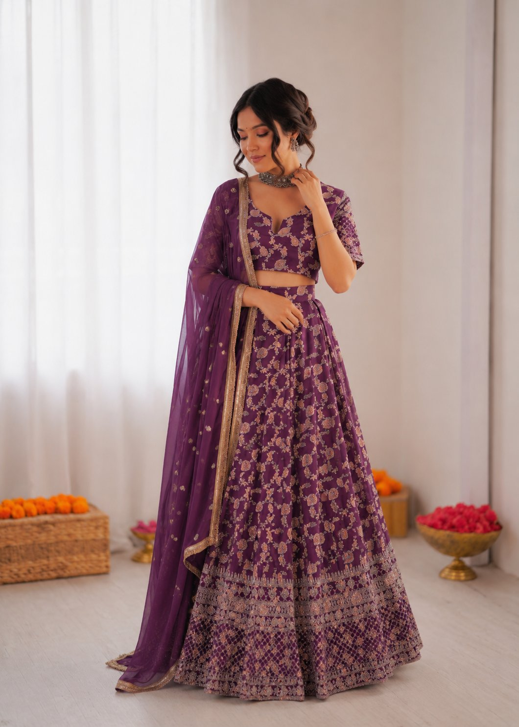 Prazu Fashion Purple Jacquard Thread With Sequence Designer Lehenga | Grocsy