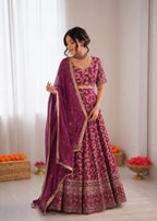 Prazu Fashion Wine Jacquard Thread With Sequence Designer Lehenga | Grocsy