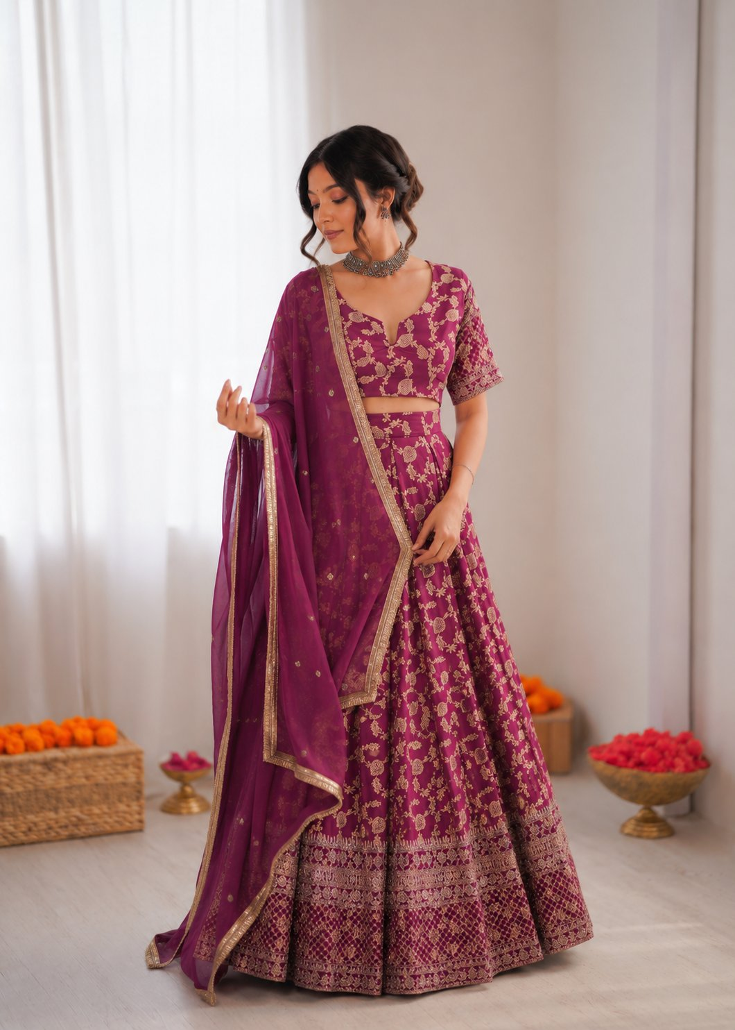 Prazu Fashion Wine Jacquard Thread With Sequence Designer Lehenga | Grocsy