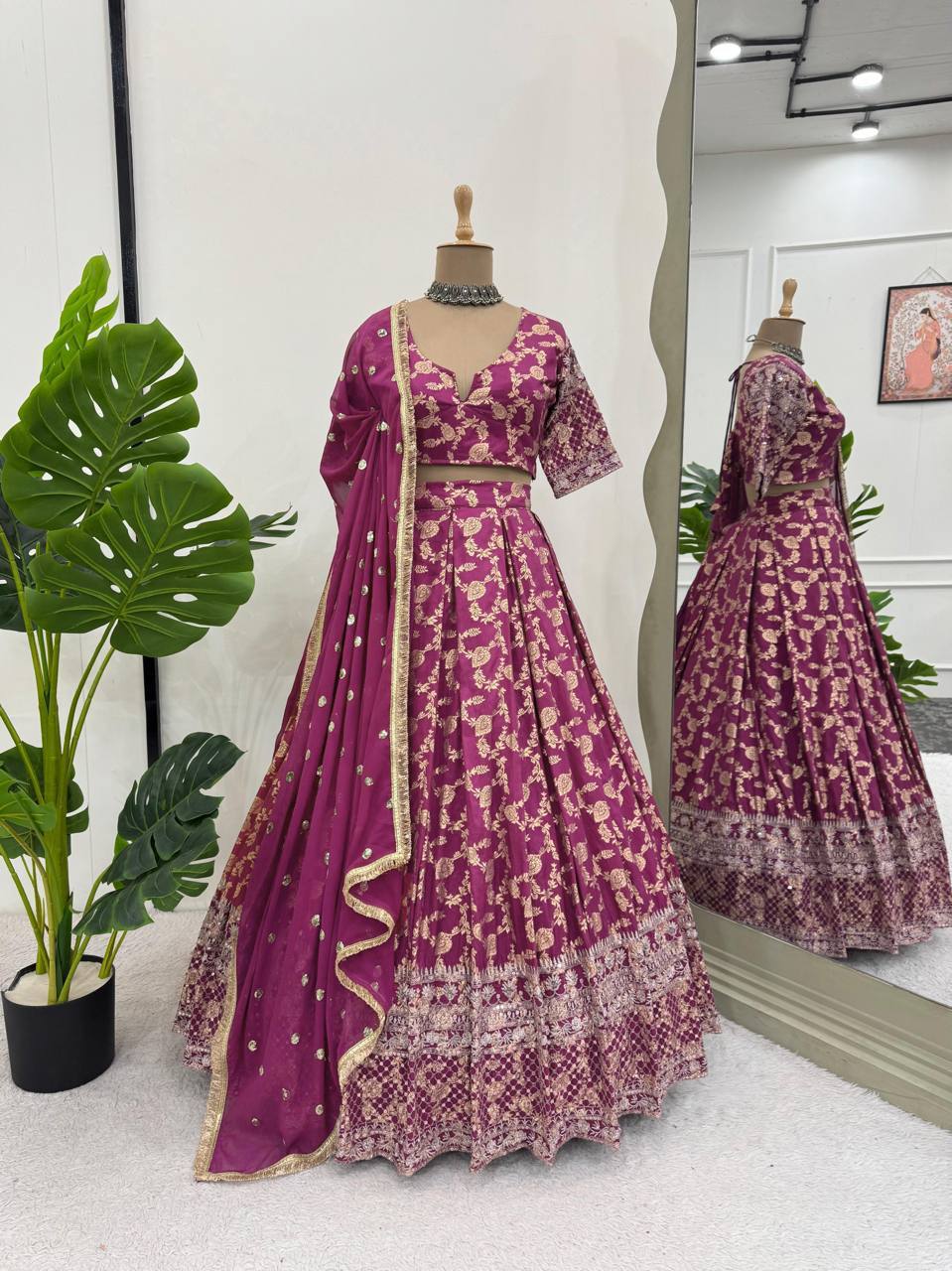 Prazu Fashion Wine Jacquard Thread With Sequence Designer Lehenga | Grocsy