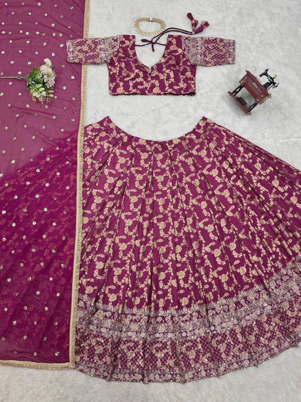 Prazu Fashion Wine Jacquard Thread With Sequence Designer Lehenga | Grocsy