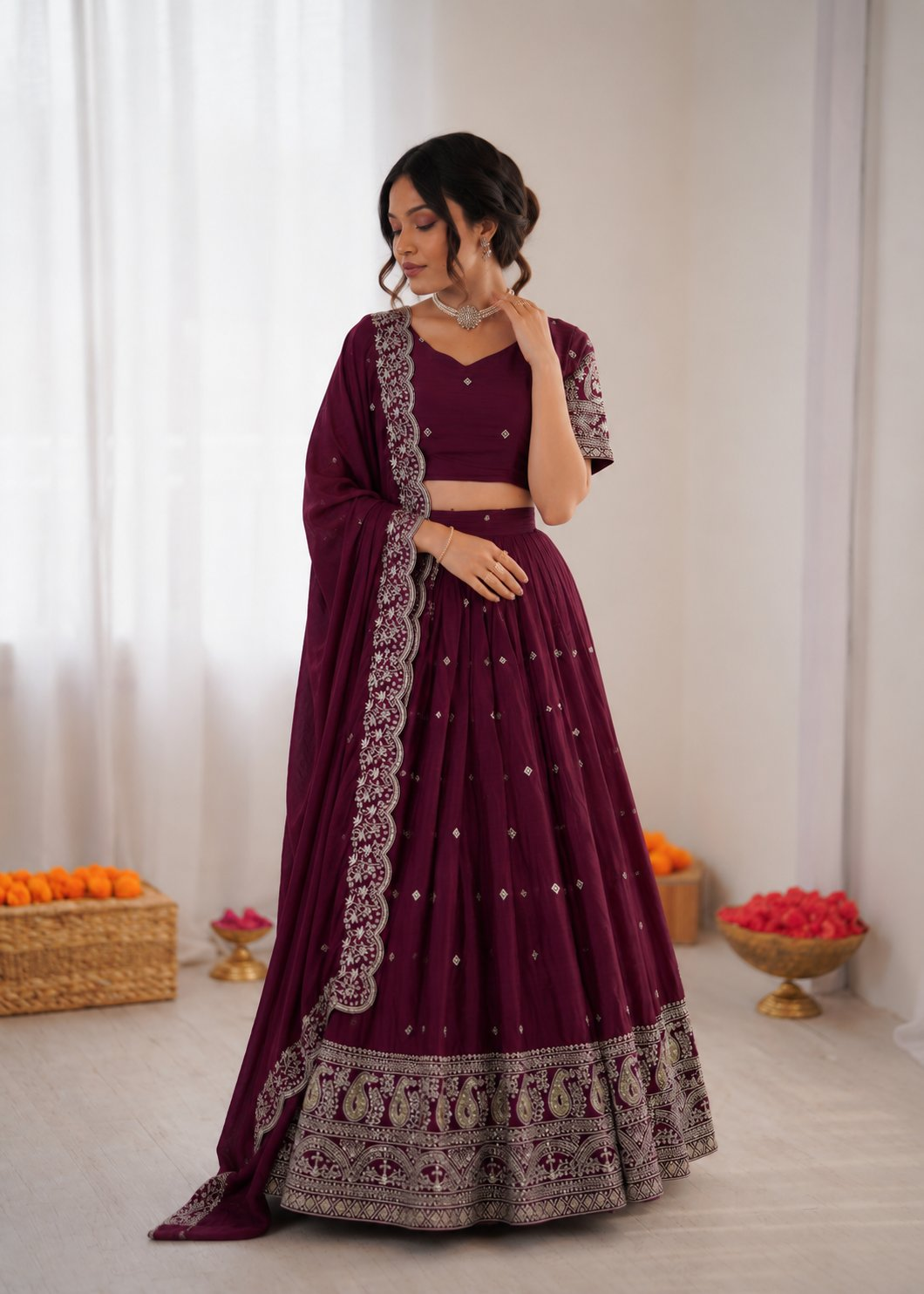 Prazu Fashion Wine Chinon Silk Thread With Sequence Designer Lehenga | Grocsy