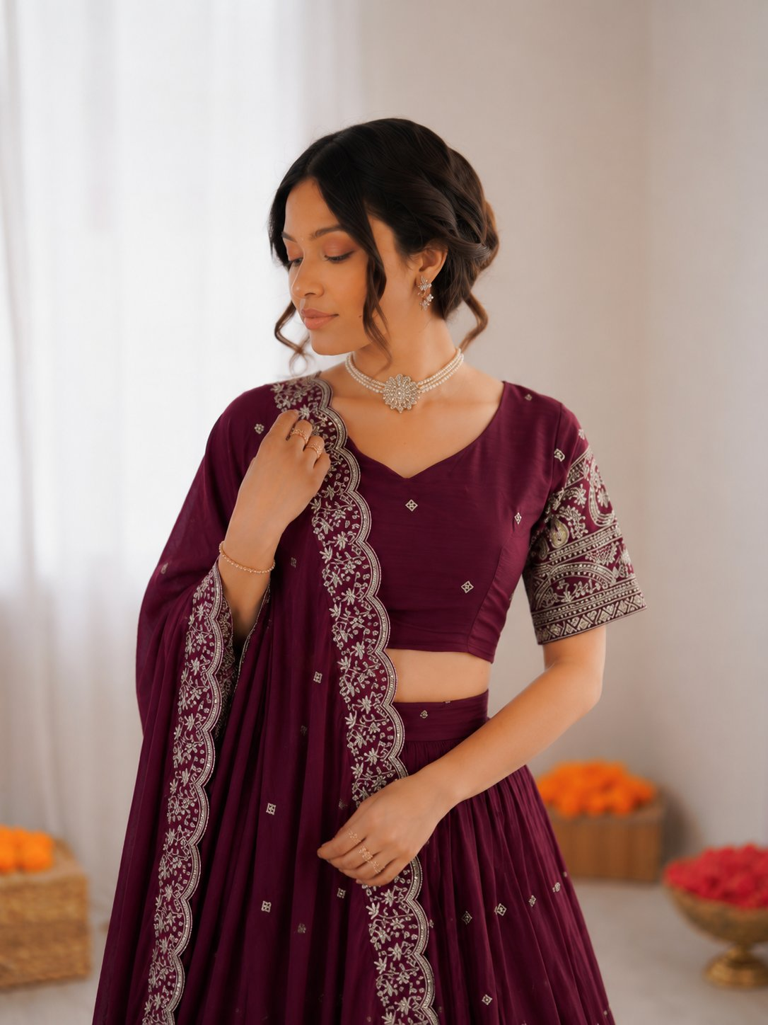 Prazu Fashion Wine Chinon Silk Thread With Sequence Designer Lehenga | Grocsy