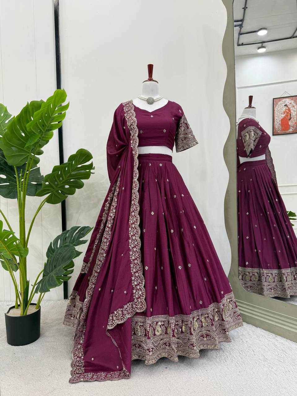 Prazu Fashion Wine Chinon Silk Thread With Sequence Designer Lehenga | Grocsy