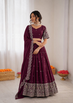 Prazu Fashion Wine Chinon Silk Thread With Sequence Designer Lehenga | Grocsy