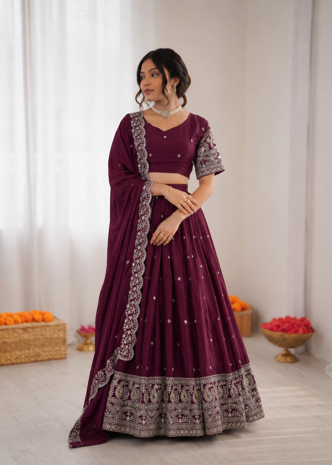 Prazu Fashion Wine Chinon Silk Thread With Sequence Designer Lehenga | Grocsy