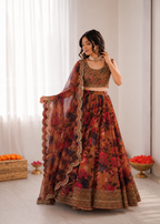 Prazu Fashion Multi Color Organza Silk Digital Print Thread Work Lehenga | Grocsy