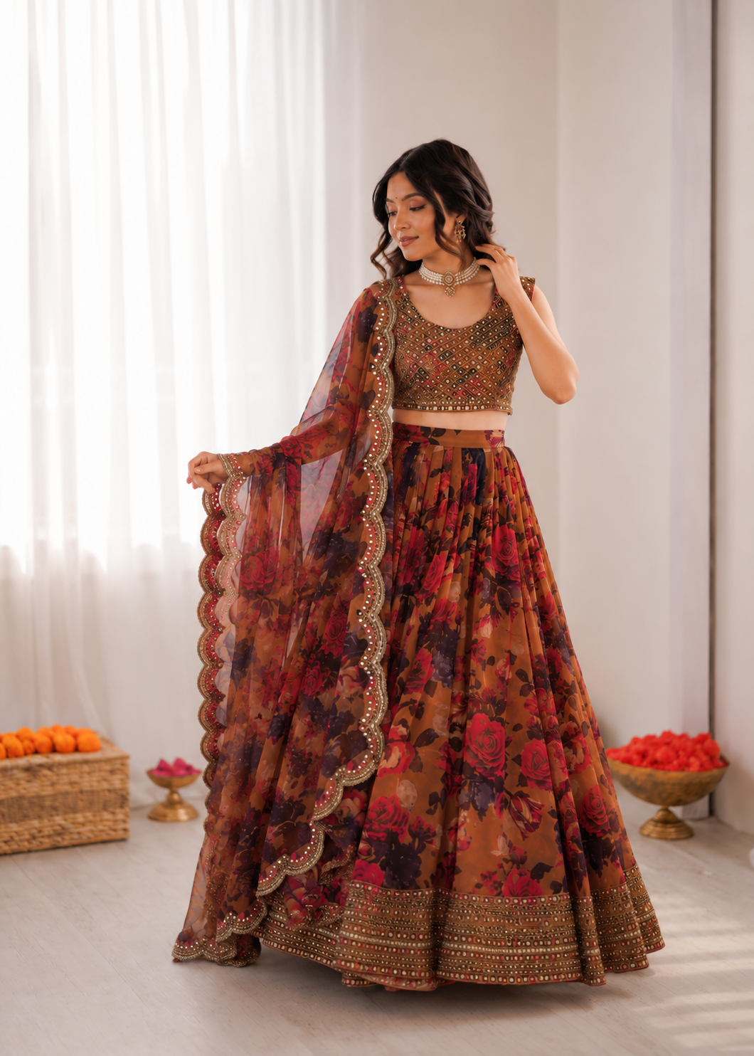 Prazu Fashion Multi Color Organza Silk Digital Print Thread Work Lehenga | Grocsy