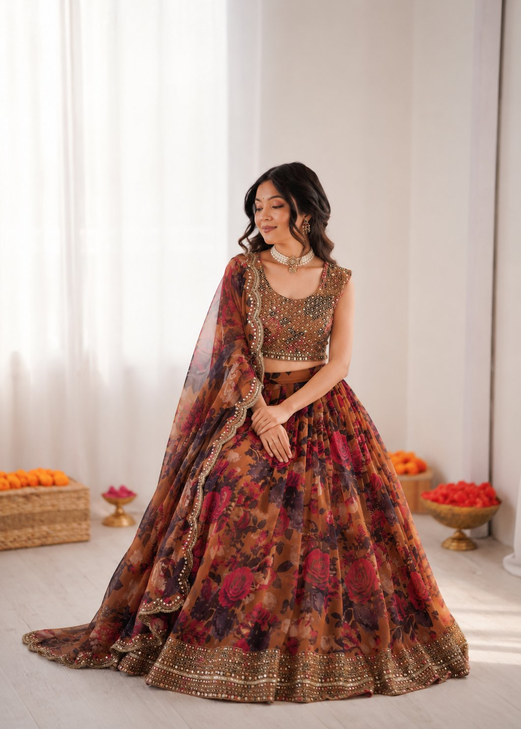 Prazu Fashion Multi Color Organza Silk Digital Print Thread Work Lehenga | Grocsy