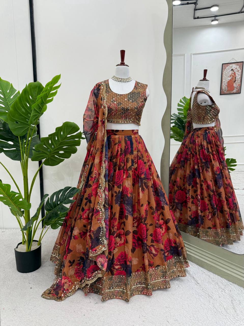 Prazu Fashion Multi Color Organza Silk Digital Print Thread Work Lehenga | Grocsy