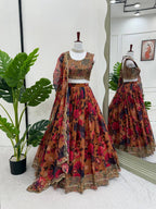 Prazu Fashion Multi Color Organza Silk Digital Print Thread Work Lehenga | Grocsy