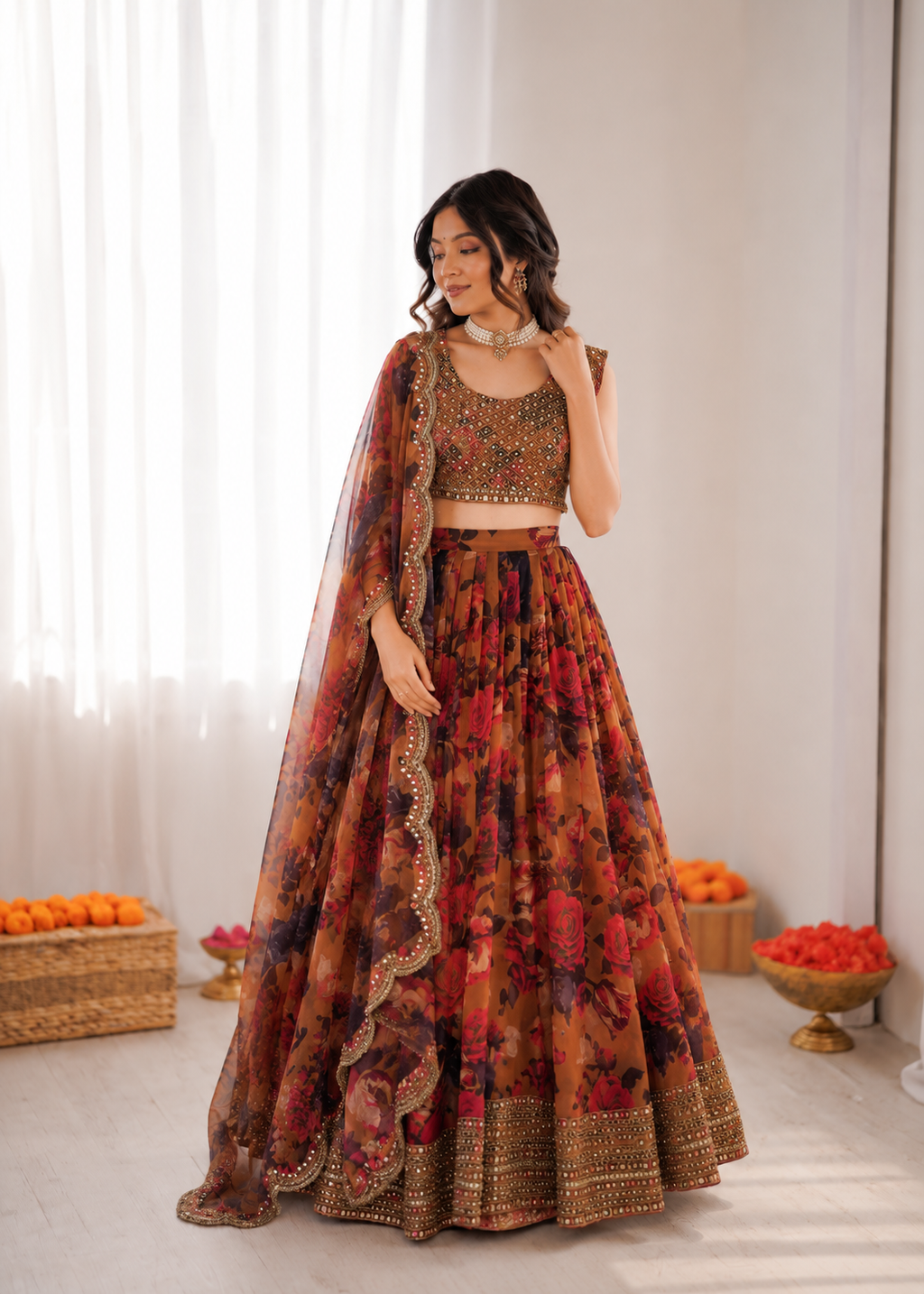 Prazu Fashion Multi Color Organza Silk Digital Print Thread Work Lehenga | Grocsy