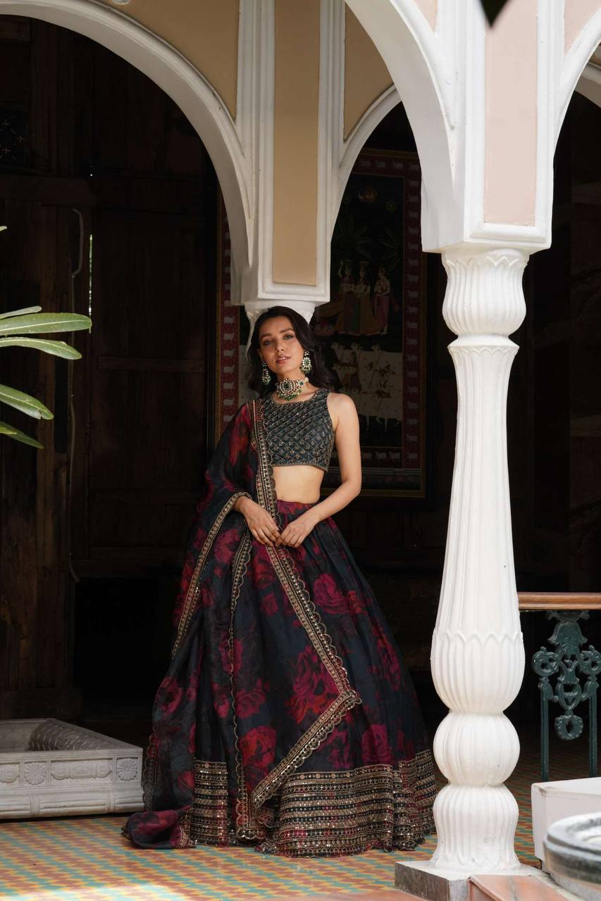Prazu Fashion Black Organza Digital Printed Lehenga Choli | Grocsy