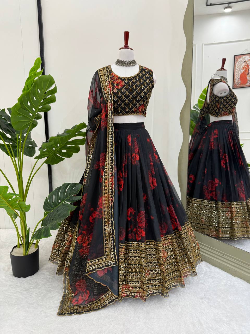 Prazu Fashion Black Organza Digital Printed Lehenga Choli | Grocsy