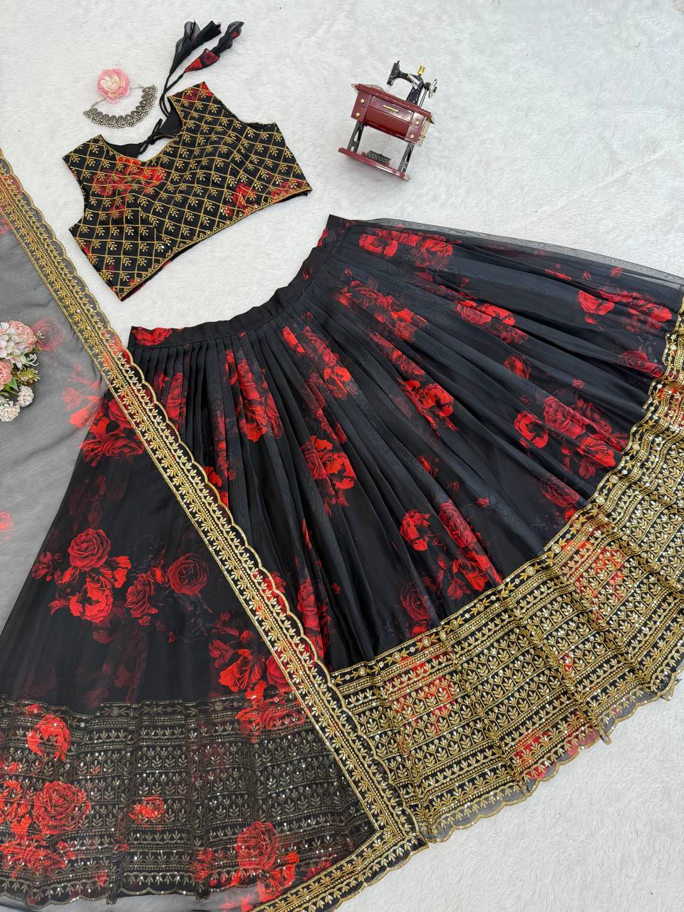 Prazu Fashion Black Organza Digital Printed Lehenga Choli | Grocsy