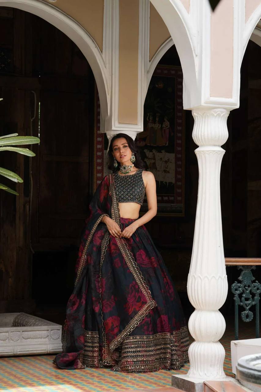 Prazu Fashion Black Organza Digital Printed Lehenga Choli | Grocsy