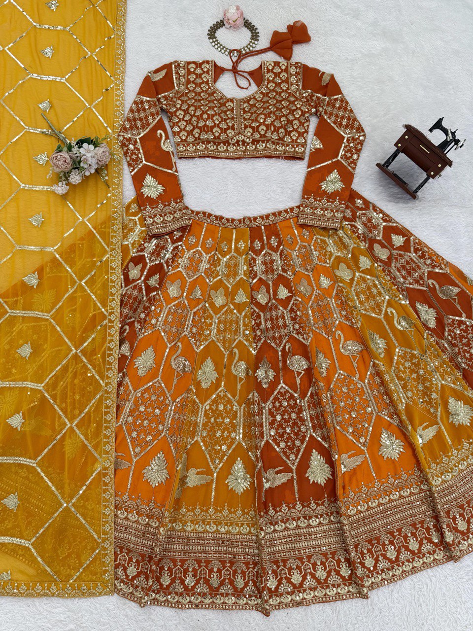 Prazu Fashion Orange Georgette Thread Sequence Wedding Lehenga Choli | Grocsy