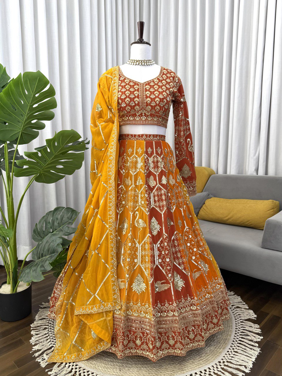 Prazu Fashion Orange Georgette Thread Sequence Wedding Lehenga Choli | Grocsy
