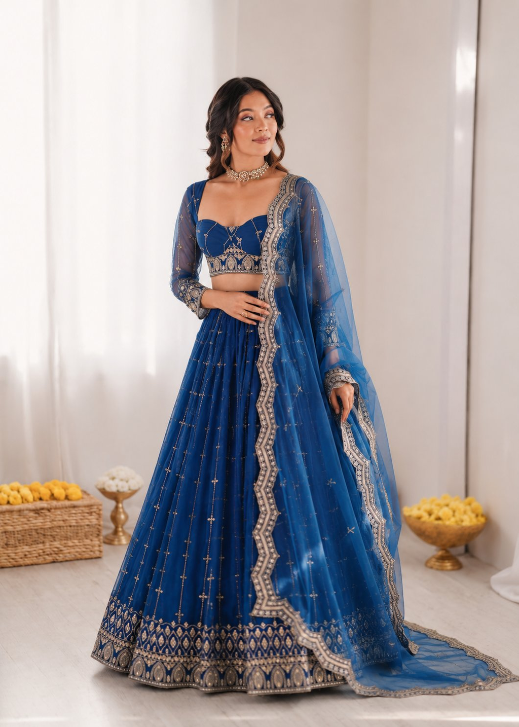 Prazu Fashion Royal Blue Net Thread With Sequence Designer Lehenga | Grocsy