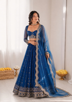Prazu Fashion Royal Blue Net Thread With Sequence Designer Lehenga | Grocsy