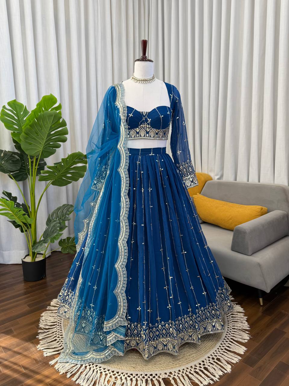 Prazu Fashion Royal Blue Net Thread With Sequence Designer Lehenga | Grocsy