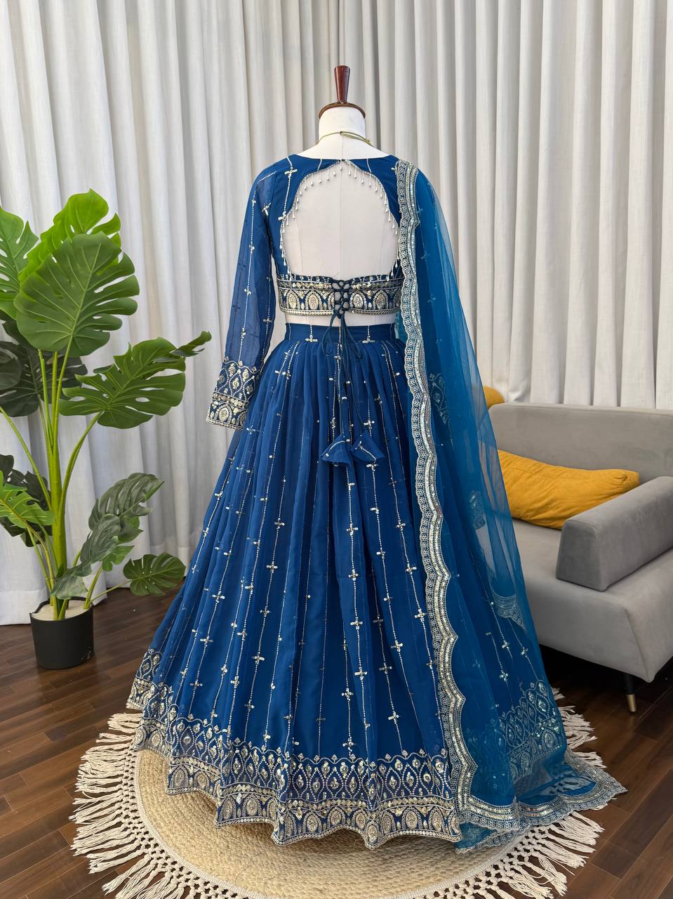 Prazu Fashion Royal Blue Net Thread With Sequence Designer Lehenga | Grocsy