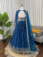 Prazu Fashion Royal Blue Net Thread With Sequence Designer Lehenga | Grocsy