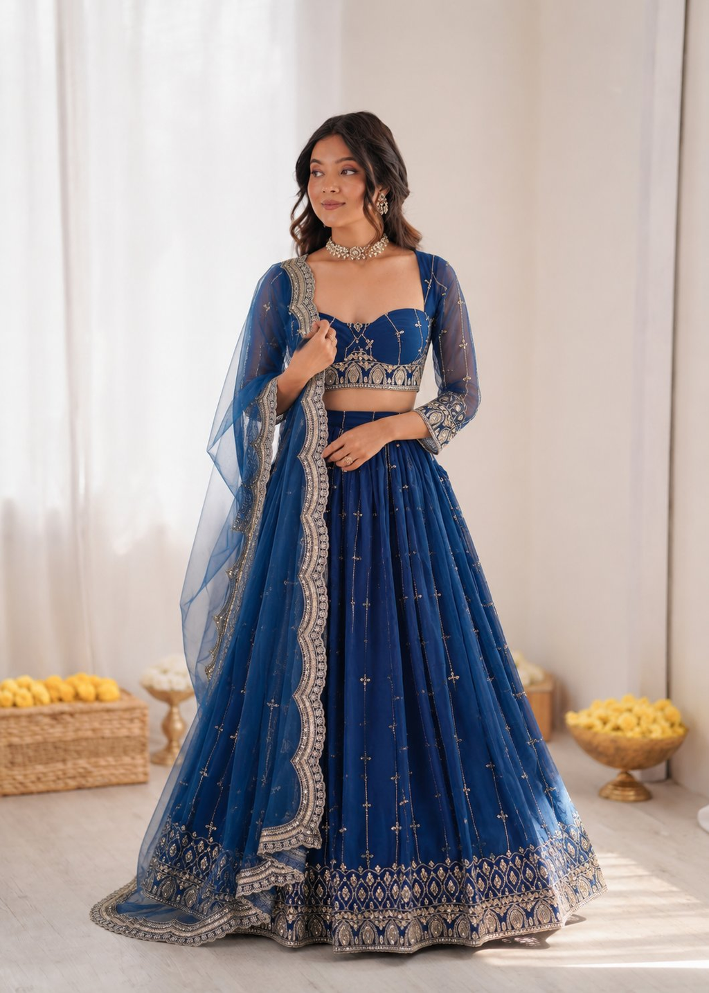 Prazu Fashion Royal Blue Net Thread With Sequence Designer Lehenga | Grocsy