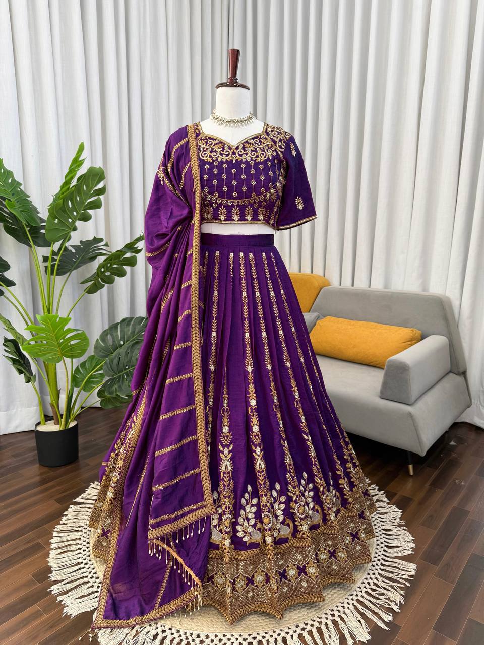 Prazu Fashion Violet Vichitra Silk Thread With Sequence Designer Lehenga | Grocsy