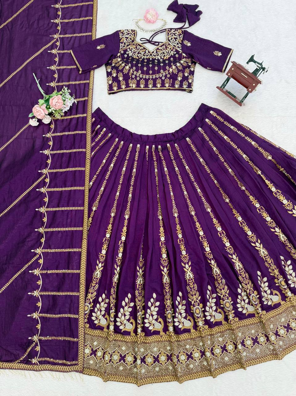 Prazu Fashion Violet Vichitra Silk Thread With Sequence Designer Lehenga | Grocsy