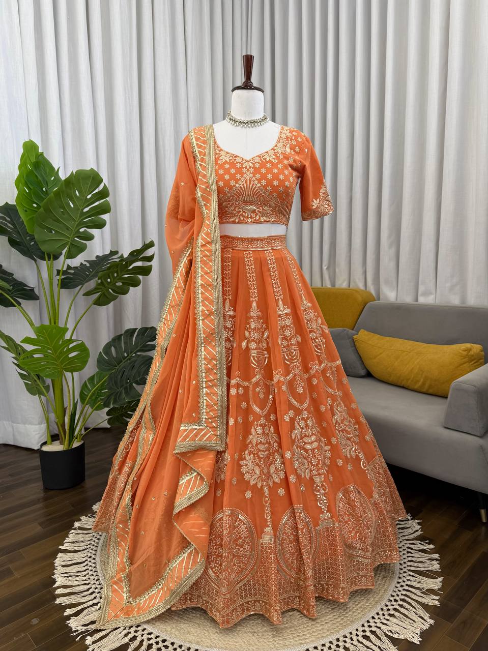 Prazu Fashion Orange Georgette Thread With Sequence Designer Lehenga | Grocsy
