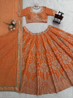 Prazu Fashion Orange Georgette Thread With Sequence Designer Lehenga | Grocsy