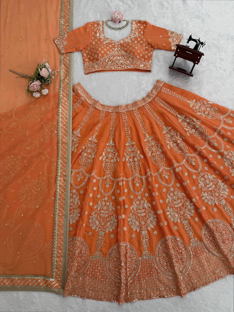 Prazu Fashion Orange Georgette Thread With Sequence Designer Lehenga | Grocsy
