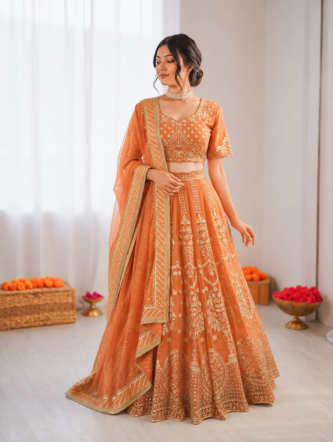 Prazu Fashion Orange Georgette Thread With Sequence Designer Lehenga | Grocsy
